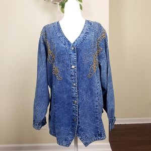 Vintage Gold Embellished Denim Button Down Shirt
